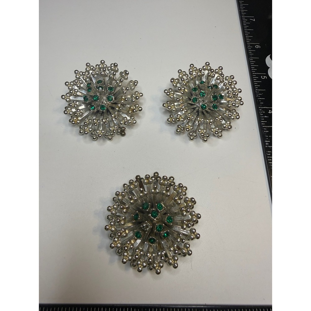 Emmons Green Rhinestone Atomic Starburst Brooch and Clip On Earrings Set Silver